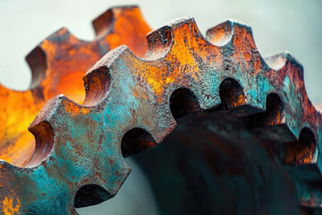 Aufkleber - Close-up of rusty, intricately detailed gears, showcasing vibrant hues of orange and teal.