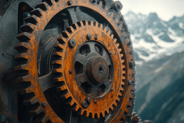 Poster - Rusty gears interlock, a testament to time and industry, set against a mountain backdrop.