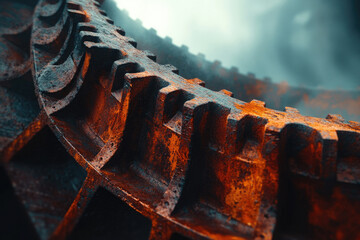 Aufkleber - Close-up of a rusty, metallic gear, showing intricate details and texture.
