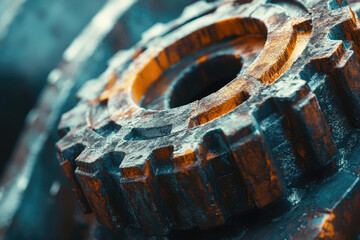 Poster - Close-up of weathered, metallic gears, showcasing intricate details and texture.