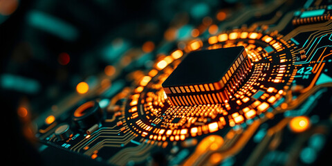 Poster - Cpu processing data on motherboard with orange lights