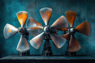Poster - Three weathered industrial propellers stand in a row against a teal backdrop, evoking a sense of age and industry.