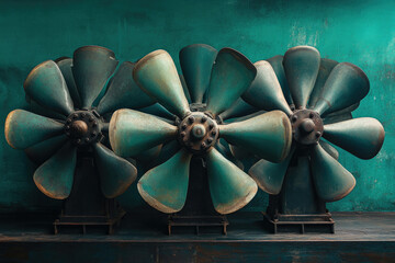 Aufkleber - Three aged teal industrial fans stand together, showcasing weathered metal and intricate design.