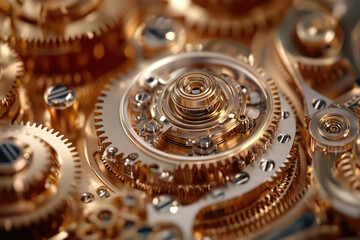 Aufkleber - Intricate gold gears interlock, showcasing precision engineering and complex mechanics in a mesmerizing close-up.