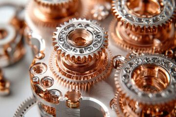Poster - Intricate clockwork mechanism, rose gold and silver gears interlock precisely.