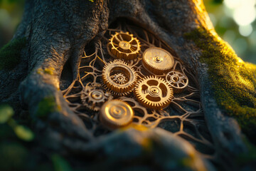 Poster - Golden gears nestled within a tree's roots, symbolizing nature's intricate mechanisms.