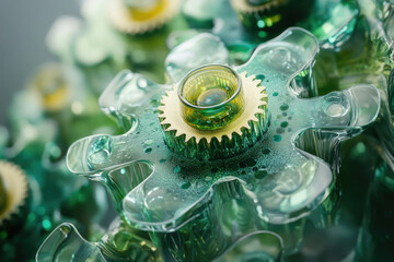 Poster - Intricate green glass gears interlock, showcasing precision engineering and complex mechanics.