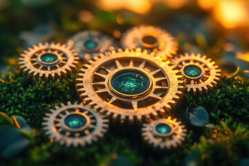 Aufkleber - Interconnected golden gears with glowing centers rest on lush green moss, symbolizing intricate systems and natural harmony.