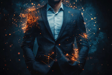 Poster - A businessman's torso, shrouded in glowing network connections, symbolizes digital transformation and interconnectedness.