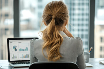Aufkleber - A businesswoman analyzes data on her laptop, overlooking a city skyline, possibly contemplating business strategies or financial reports.
