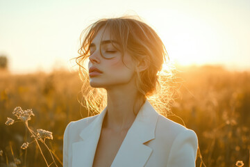 Poster - Serene woman with blonde hair, eyes closed, bathed in golden sunset light, standing in a field.