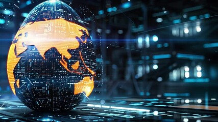 Poster - Digital Easter egg with a glowing representation of the world in a futuristic cyber environment