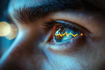 Poster - A close-up of an eye reflecting a stock market graph, symbolizing financial insights and vision.