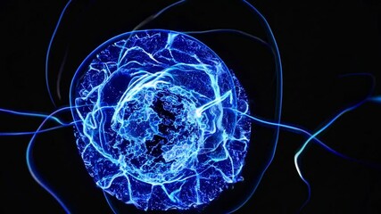 Poster - Abstract blue energy sphere rotating and generating light trails, creating a mesmerizing visual effect on a black background, perfect for science, technology, and innovation related projects