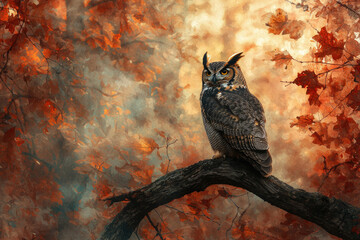 Aufkleber - Majestic great horned owl perched on a branch amidst a vibrant autumnal backdrop.