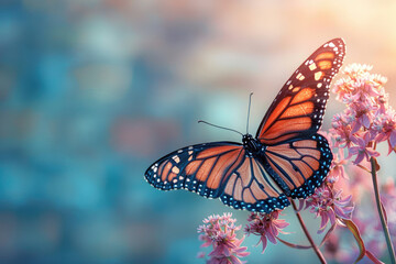 Poster - A Monarch butterfly with vibrant orange wings rests on delicate pink flowers, bathed in soft sunlight.