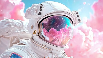 Wall Mural - astronaut in pink cloudscape, space helmet reflection