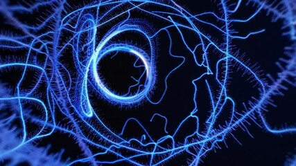 Poster - Swirling blue plasma filaments radiate around a bright ring of light, creating a captivating abstract design against a deep black background that evokes a sense of cosmic mystery