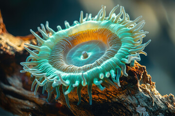 Poster - A vibrant sea anemone, with its tentacles extending, clings to a weathered piece of wood in a mesmerizing underwater scene.
