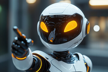 Poster - Robot interacts with human in modern, tech-driven environment showcasing futuristic design and innovation