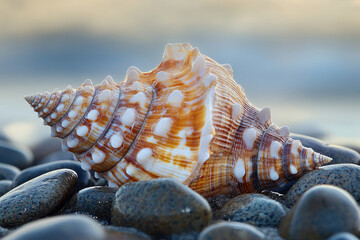 Poster - A stunning spiral seashell rests on smooth, dark pebbles near the ocean at sunrise.