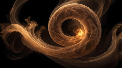 Poster - Swirling Smoke: A captivating abstract image features an elegant, swirling pattern of translucent smoke, with a warm golden hue against a stark black background.