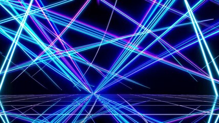Poster - Colorful neon lights intersect, forming a dynamic abstract composition against a dark backdrop with a grid floor, creating a futuristic and energetic atmosphere