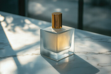 Poster - A frosted glass perfume bottle with a gold cap sits on a marble surface, bathed in sunlight.