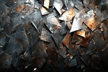 Poster - A chaotic pile of fragmented, rusty metallic pieces, showcasing dark and copper hues.