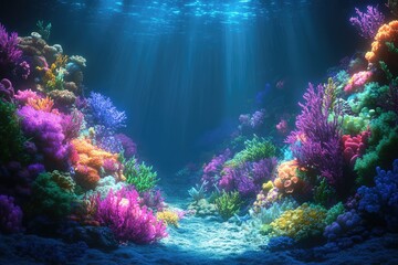 Poster - Vibrant coral reef teeming with life, bathed in sunlight, showcasing diverse marine flora.
