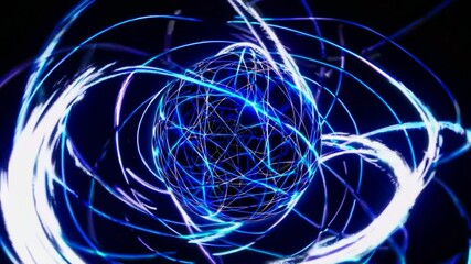Poster - Bright blue and white plasma sphere rotating against a black background, generating dynamic energy trails and creating a mesmerizing visual effect that captivates the viewer's imagination