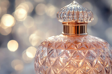 Leinwandbilder - Elegant, rose-gold perfume bottle with a detailed,faceted glass design, sitting against a bokeh background.