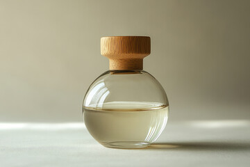 Poster - A clear glass bottle with a wooden cap, filled with a light-colored liquid.