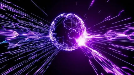 Poster - Purple glowing polygonal globe emitting energy beams and light streaks across a dark digital space, creating a futuristic and dynamic scene