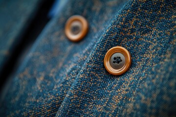Aufkleber - close-up of textured blue fabric with two wooden buttons.