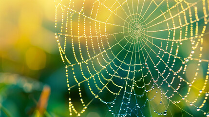 A close up of a spider web decorated with tiny water droplets.