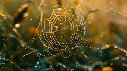 A close up of a spider web decorated with tiny water droplets.