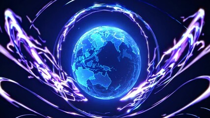 Poster - Flowing purple and blue energy waves surround a rotating digital planet earth globe, transmitting data and embodying futuristic technology within the vastness of outer space