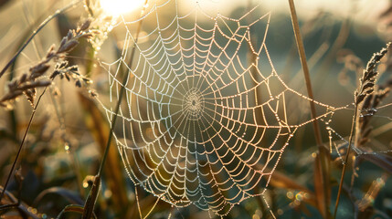 A close up of a spider web decorated with tiny water droplets.