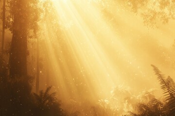 Leinwandbilder - Golden sunlight beams through a misty forest, illuminating ferns and trees in a magical, ethereal glow.