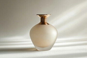 Poster - Elegant, frosted glass perfume bottle with a rose gold cap, bathed in soft light.