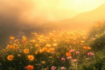 Aufkleber - Golden sunrise illuminates a vibrant field of wildflowers on a misty mountain slope.