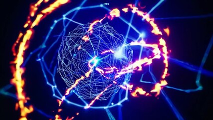 Poster - Abstract plexus sphere is rotating in cyberspace leaving burning fire trails, generating a futuristic technological background with a digital feel