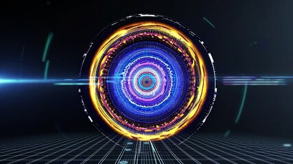Poster - Bright swirling blue and green energy vortex rotating above a digital grid, creating a captivating futuristic technological background enhanced by a vibrant lens flare