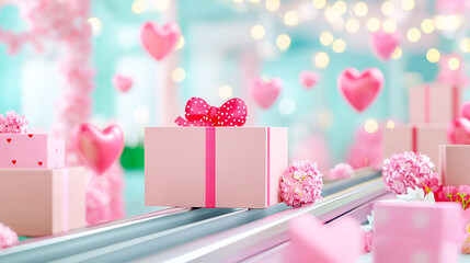 Poster - Colorful gifts on a conveyor belt in a cheerful setting filled with hearts and flowers