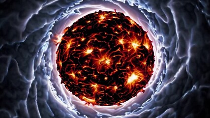 Poster - Radiating energy illuminates the surface of a burning planet, erupting in a dramatic explosion within the vastness of outer space, surrounded by vibrant nebulae during cosmic genesis