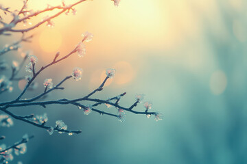 Poster - Frost-covered branches at sunrise, delicate beauty in winter's embrace.