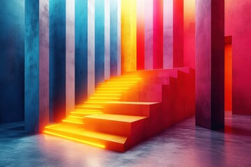 Poster - Vibrant stairs illuminated by neon light create a surreal atmosphere in a modern architecture setting