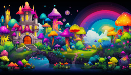 Fototapete - Whimsical mushroom landscape illustration with dark background.