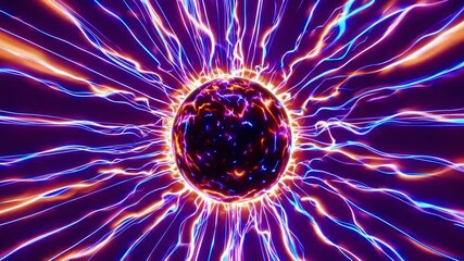 Poster - Glowing plasma ball emitting vibrant beams of orange and blue light, creating a mesmerizing display of energy and movement in a dark environment